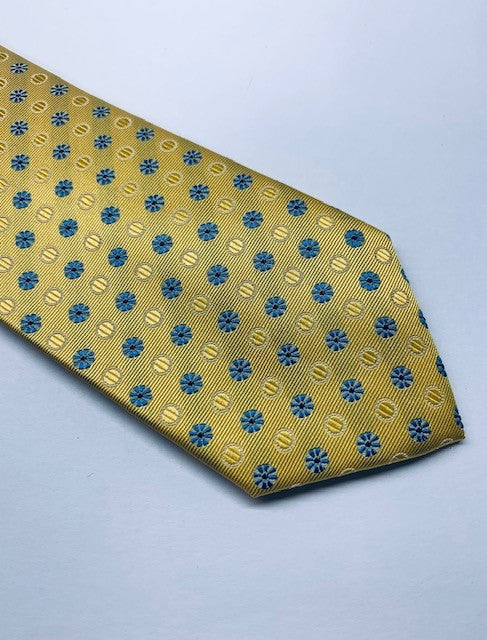 XL Bruno Marchesi Yellow with Blue Medallion 100% Silk Tie