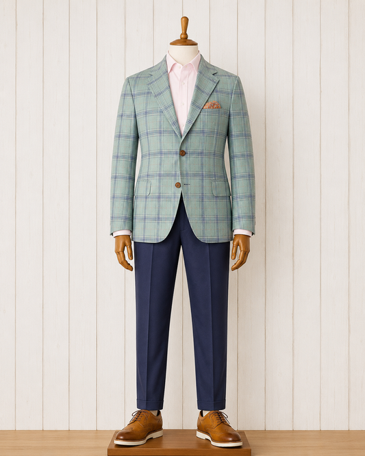 Giles and Jasper Modern Fit Green and Navy Plaid Sport Coat