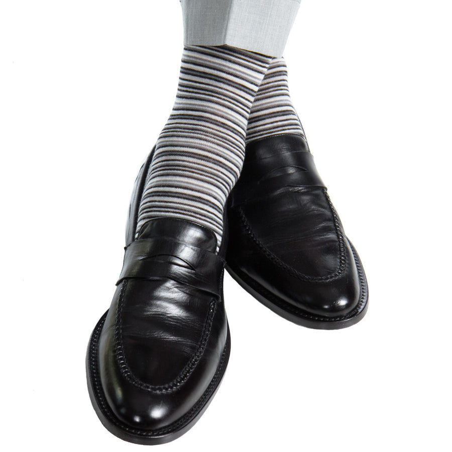 Dapper Classics Black with Charcoal, Ash and White Variegated Stripe Fine Merino Wool Sock Linked Toe Mid-Calf