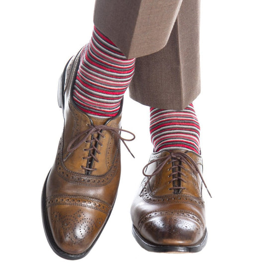 Dapper Socks Red with Black, White and Charcoal Variegated Stripe Fine Merino Wool Sock Linked Toe Mid-Calf