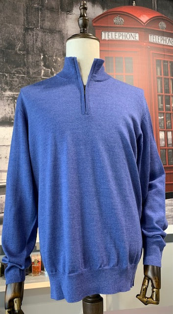100% Extra Fine Merino Blue 1/2 Zip Pullover Sweater on clearance