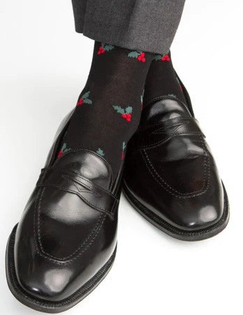DAPPER CLASSICS BLACK WITH RED BERRY AND HUNTER GREEN HOLLY COTTON SOCK LINKED TOE MID-CALF