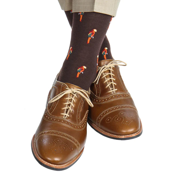 DAPPER CLASSICS COFFEE BROWN WITH ORANGE RED AND YELLOW PARROT FINE MERINO WOOL SOCK LINKED TOE MID-CALF