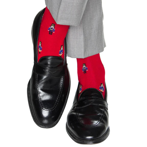DAPPER CLASSICS RED WITH CLEMATIS BLUE, YOLK AND BLACK NUTCRACKER COTTON SOCK LINKED TOE MID-CALF