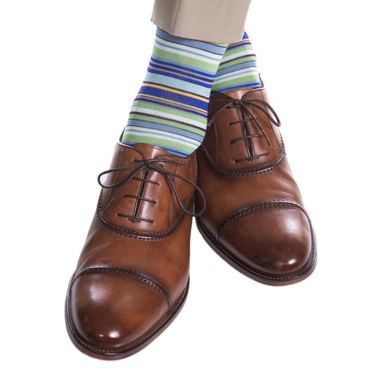 Dapper Socks Azure Blue with Grass Green, Yolk, Sky Blue, Navy and Cream Stripe Cotton Sock Linked Toe Mid-Calf