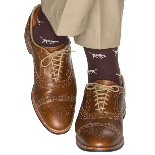 DAPPER CLASSICS COFFEE BROWN WITH CREAM BIRD DOG AND BROWN SPOTS WITH BURNT ORANGE TIPPING FINE MERINO WOOL SOCK LINKED TOE OTC