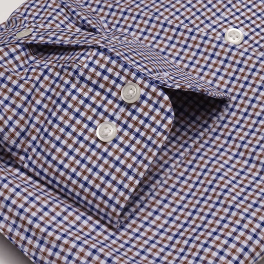 Cooper and Stewart Blue and Brown Check Tailored Fit Spread Collar 100% Cotton Non-Iron Shirt