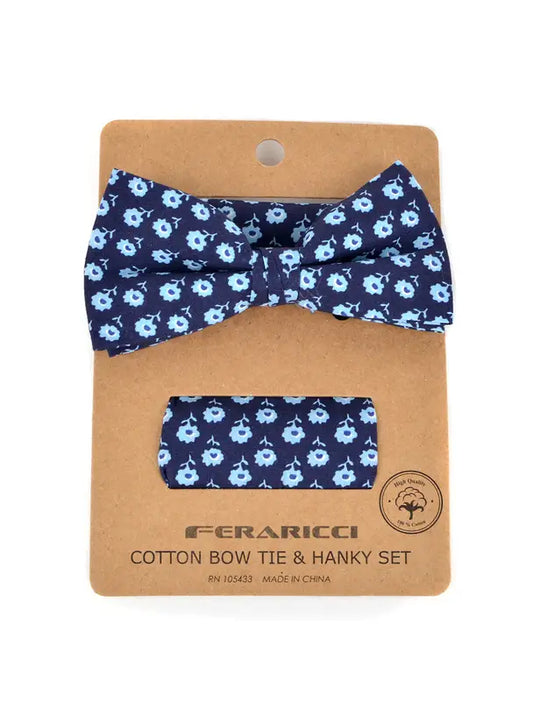 Men's Petite Flowers Cotton Bow Tie & Hanky Set Navy