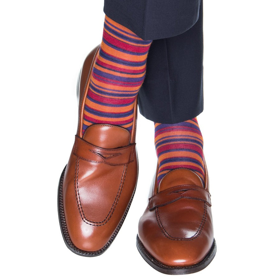 Dapper Classics Dress Navy, Burnt Orange, Grape, and Burgundy Variegated Stripe Fine Merino Wool Sock