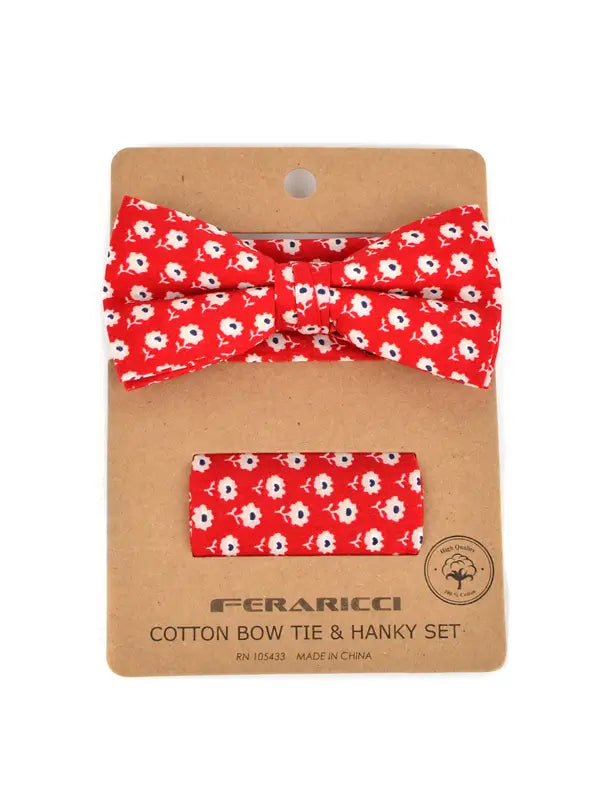 Men's Petite Flowers Cotton Bow Tie & Hanky Set Red