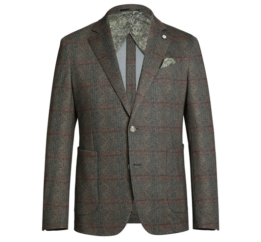 PF20-9 Men's Blazer Slim Fit Half Canvas Brown Windowpane Sport Coat