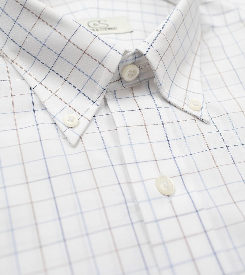 Cooper and Stewart White Ground Blue/Tan Check Button Down Collar Dress Shirt