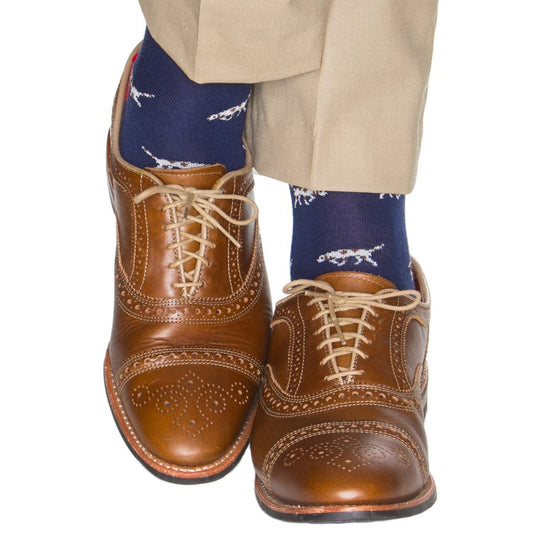 Dapper Classics Dress Navy with Cream Bird Dog and Brown Spots with Red Tipping Fine Merino Wool Sock Linked Toe Mid-Calf