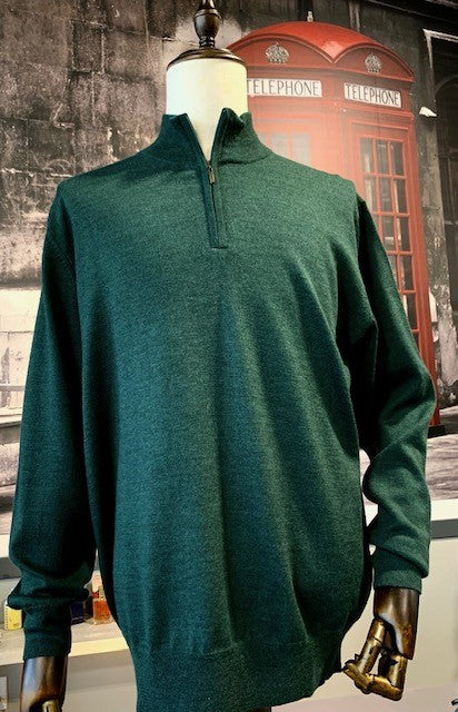 100% Extra Fine Merino Wool Forrest Green 1/4 Zip Pullover Sweater on clearance