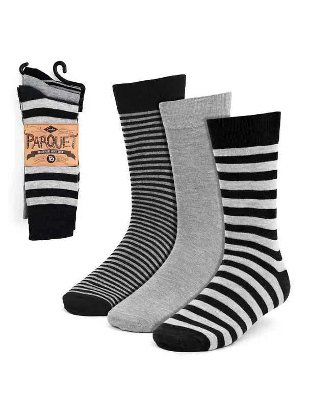 Parquet Assorted Pack 3 Pairs Men's Gray & Black Striped Dress Sock