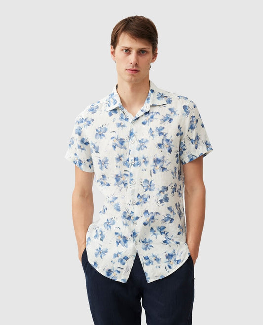 Rodd and Gunn White with Blue Floral Portland Island Sports Fit Fine Linen Shirt