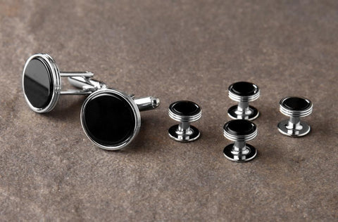 IKE Behar Black and Silver Cuff Link and Stud Set