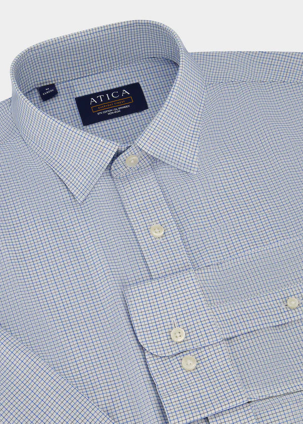 Atica Micro Blue Check Long Sleeve With Hidden Button-Down Collar Classic Fit Shirt