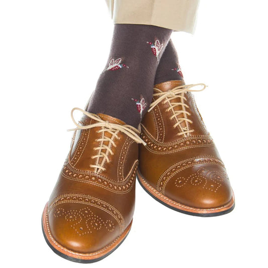 DAPPER CLASSICS COFFEE BROWN WITH TAN PHEASANT SOCK FINE MERINO WOOL LINKED TOE MID-CALF