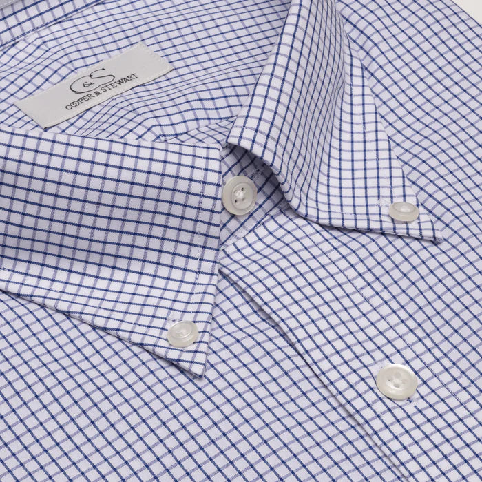 Cooper and Stewart Blue and White Grid Check Classic Fit Dress Shirt