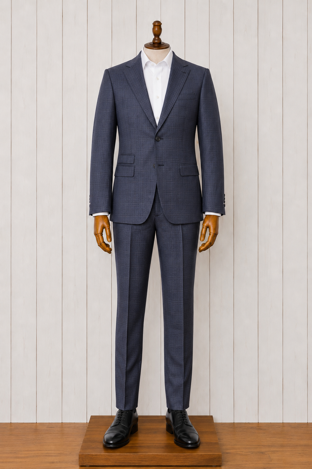 English Laundry Peak Lapel Navy, Blue and Taupe Windowpane Slim Fit Suit