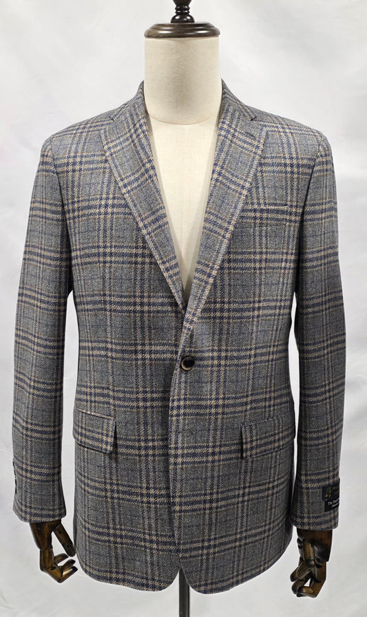 TJ Signature Series Fall 2025 Grey, Navy and Taupe Windowpane Cashmere Blend Sport Coat