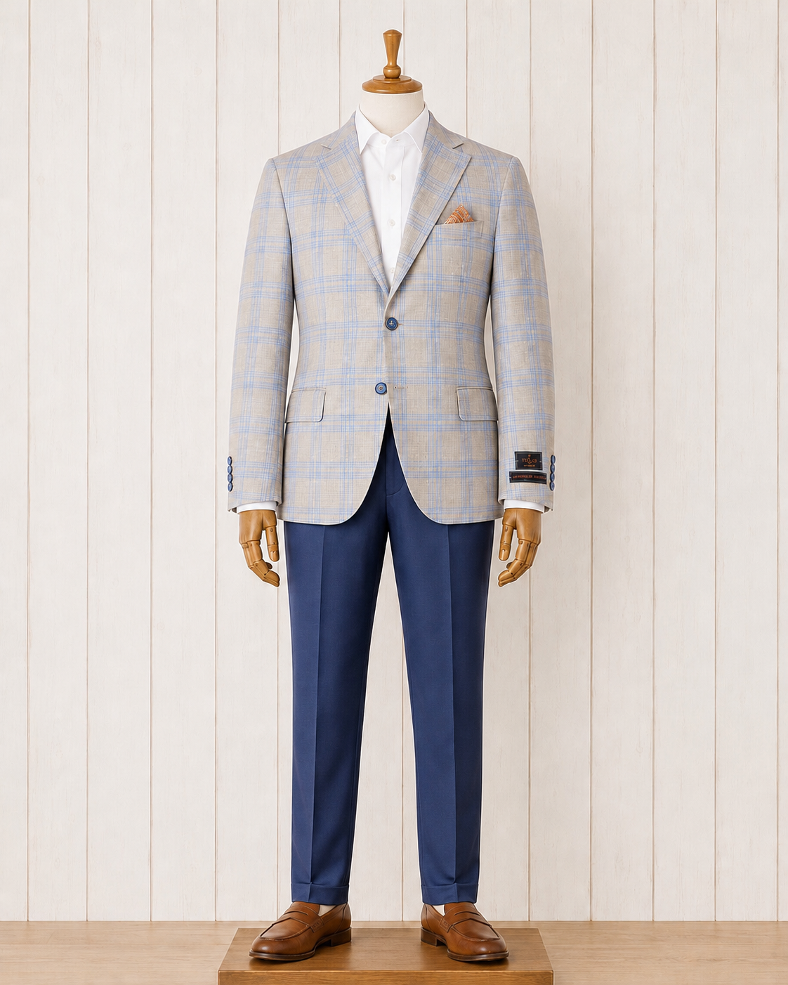 Tiglio Modern Fit Tan and Blue Plaid Sport Coat