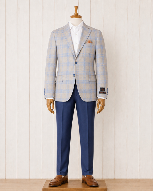 Tiglio Modern Fit Tan and Blue Plaid Sport Coat