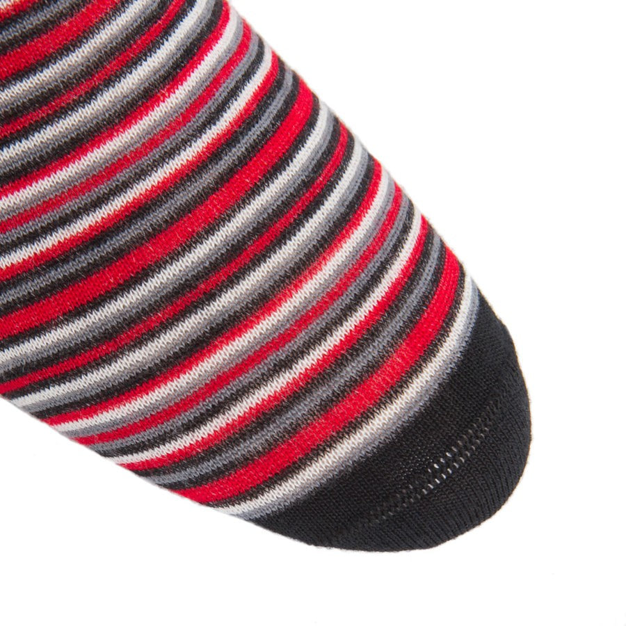 Dapper Socks Red with Black, White and Charcoal Variegated Stripe Fine Merino Wool Sock Linked Toe Mid-Calf