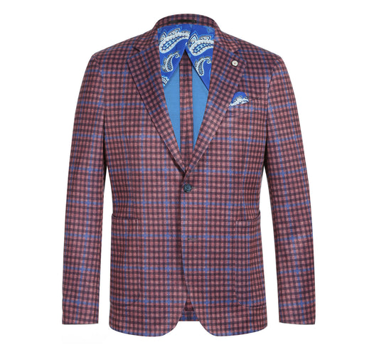 PS22-5 Men's Half Canvas Burgundy Windowpane Blazer