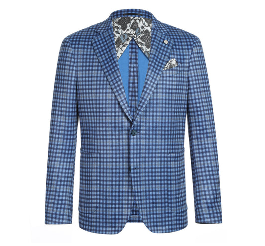 PS22-7 Men's Half Canvas Blue Plaid Blazer