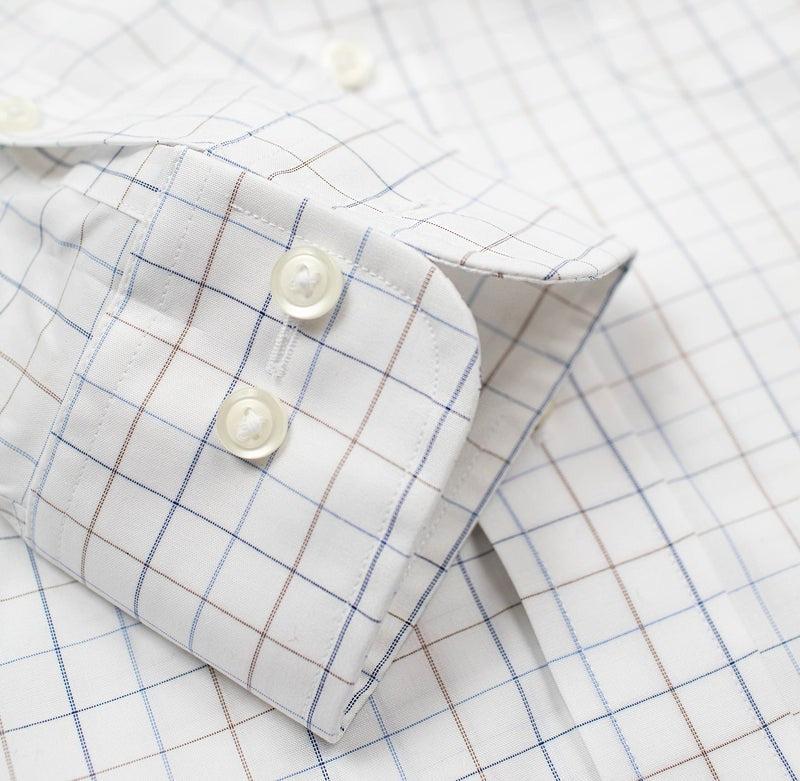 Cooper and Stewart White Ground Blue/Tan Check Button Down Collar Dress Shirt