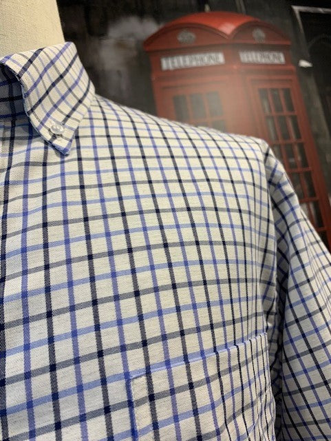 Claassen Luxury Button Down Light Grey with Black and Blue Check Sport Shirt