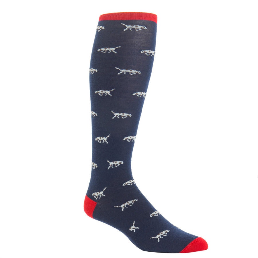 Dapper Classics Dress Navy with Cream Bird Dog and Brown Spots with Red Tipping Fine Merino Wool Sock Linked Toe Mid-Calf