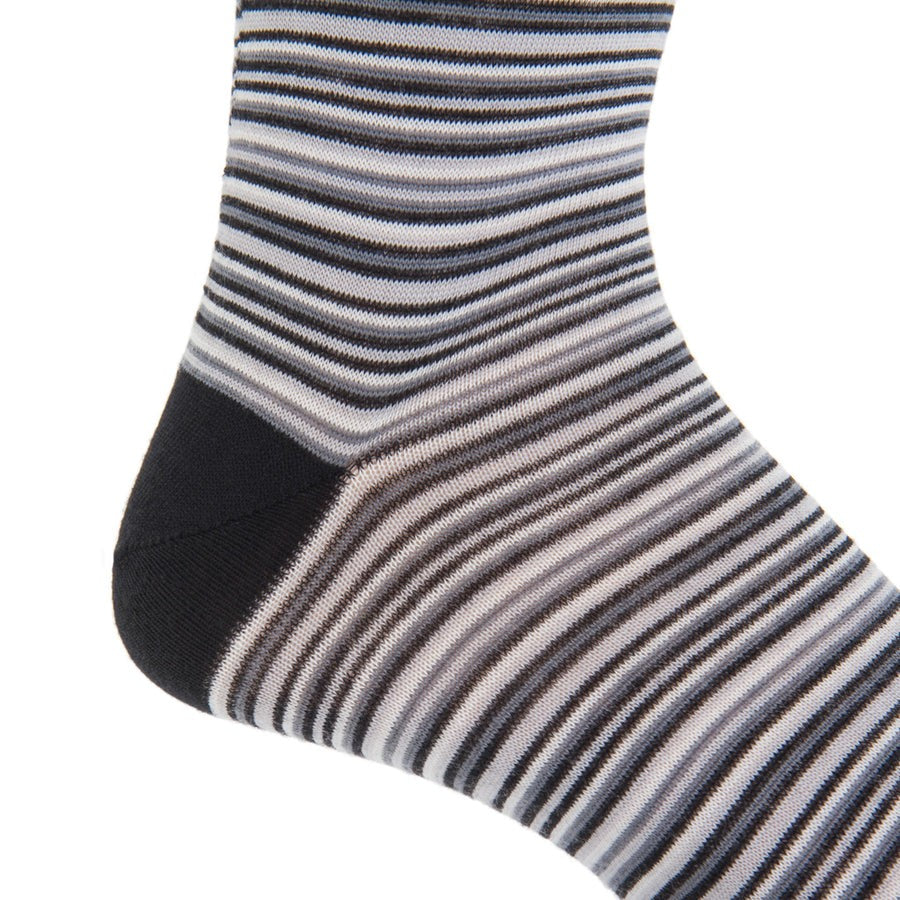 Dapper Classics Black with Charcoal, Ash and White Variegated Stripe Fine Merino Wool Sock Linked Toe Mid-Calf