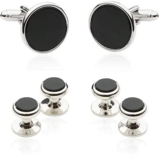 Men's Tuxedo Cufflinks and Studs - Black Onyx with Silver