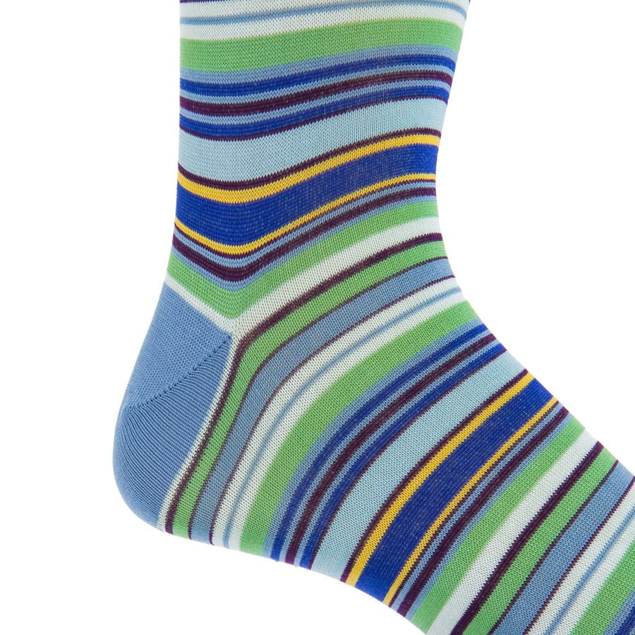 Dapper Socks Azure Blue with Grass Green, Yolk, Sky Blue, Navy and Cream Stripe Cotton Sock Linked Toe Mid-Calf