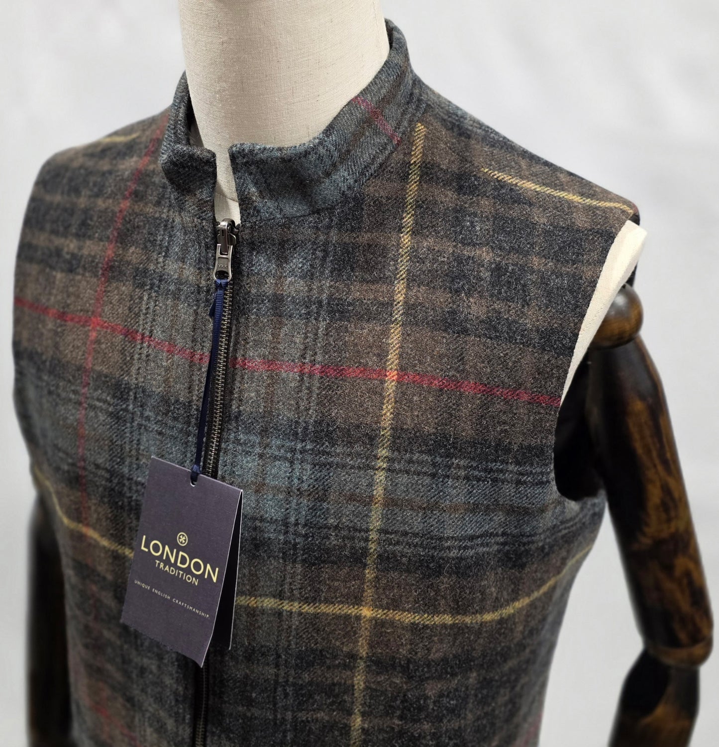 London Tradition Tweed Stewart Hunting Weathered Brown, Green, Yellow, Red and Blak Windowpane Reversible Wool Vest
