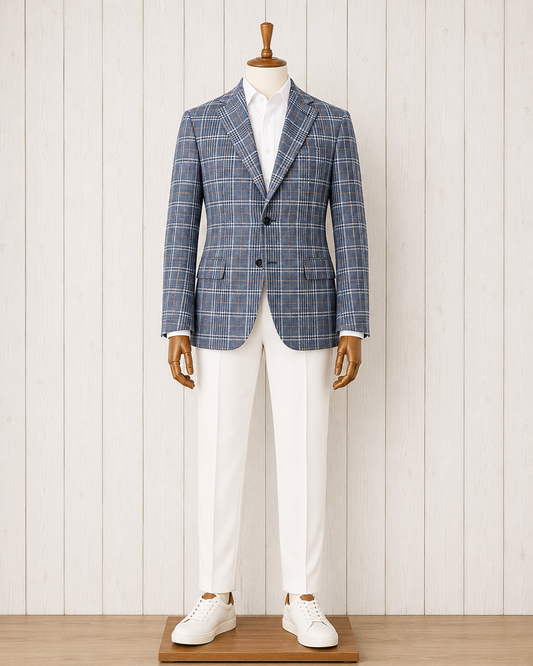 Scabal Medium Blue and Orange Windowpane Wool and Linen SoHo Jacket Riviera Trend on sale