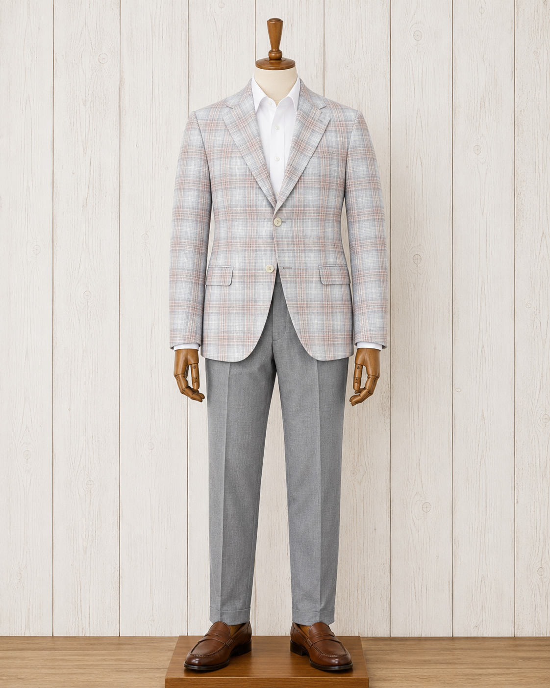 Albert and Walters Pink and Grey Plaid Wool/Silk/Cotton Classic Fit Sport Coat