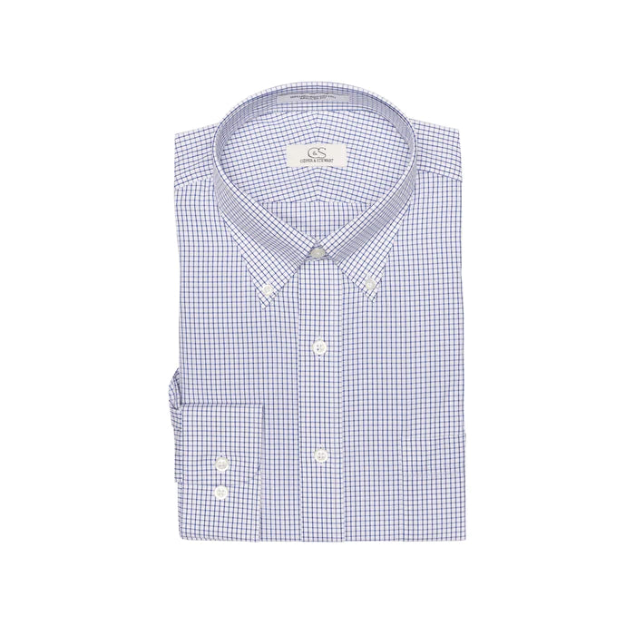 Cooper and Stewart Blue and White Grid Check Classic Fit Dress Shirt