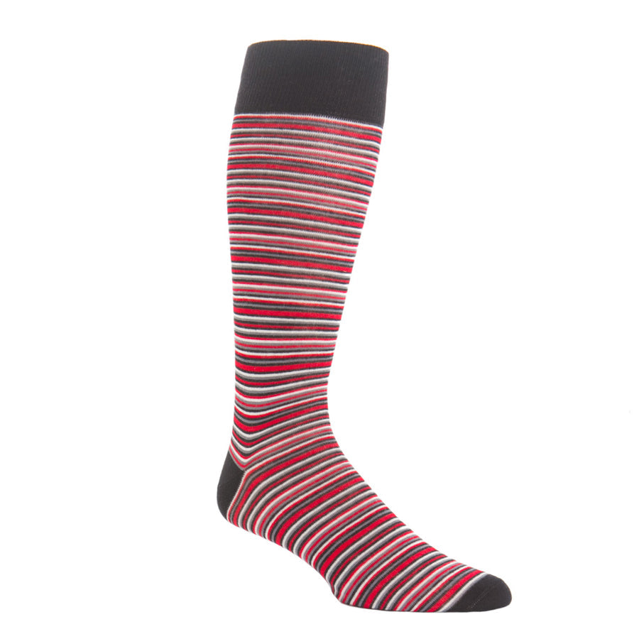 Dapper Socks Red with Black, White and Charcoal Variegated Stripe Fine Merino Wool Sock Linked Toe Mid-Calf