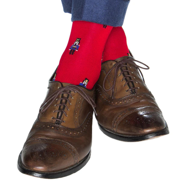 DAPPER CLASSICS RED WITH CLEMATIS BLUE, YOLK AND BLACK NUTCRACKER COTTON SOCK LINKED TOE MID-CALF