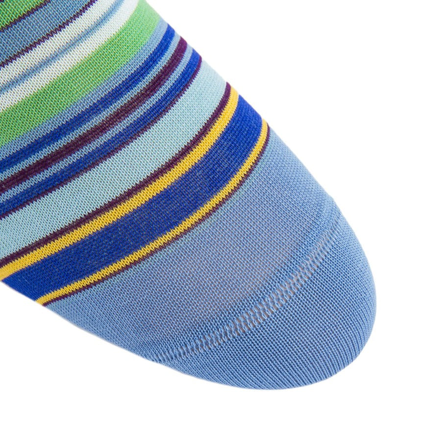 Dapper Socks Azure Blue with Grass Green, Yolk, Sky Blue, Navy and Cream Stripe Cotton Sock Linked Toe Mid-Calf