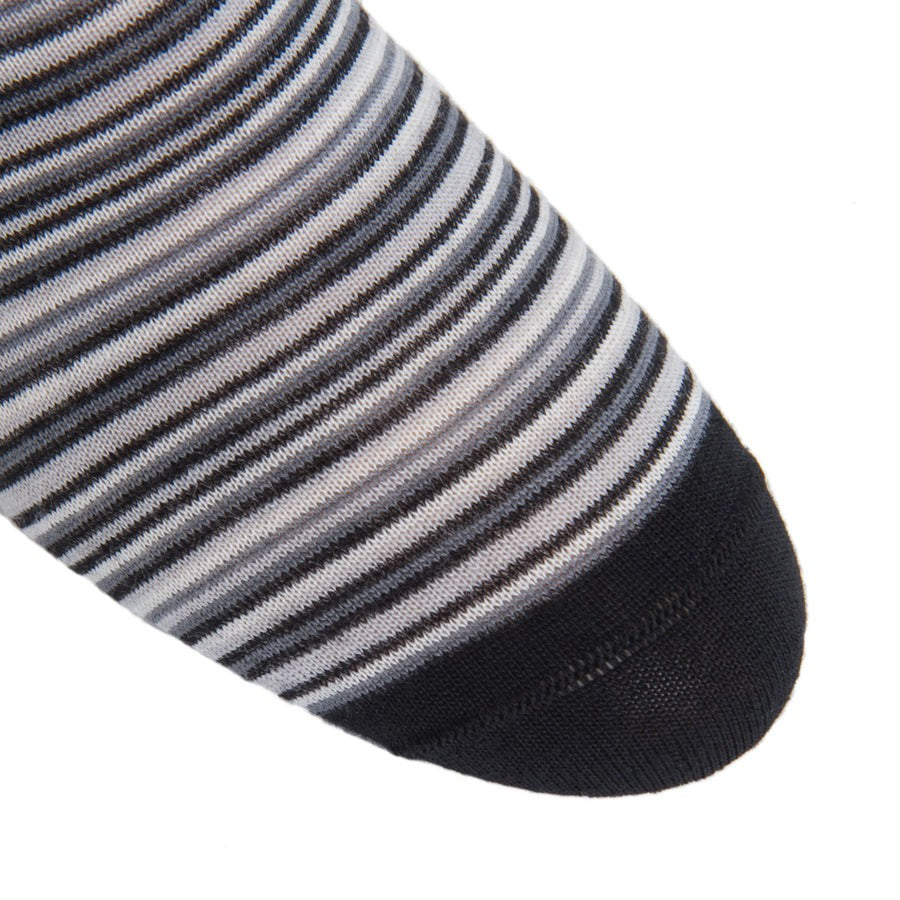 Dapper Classics Black with Charcoal, Ash and White Variegated Stripe Fine Merino Wool Sock Linked Toe Mid-Calf