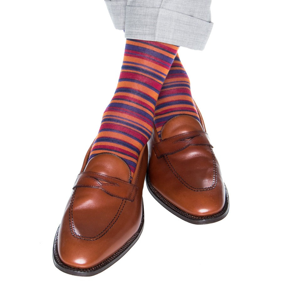 Dapper Classics Dress Navy, Burnt Orange, Grape, and Burgundy Variegated Stripe Fine Merino Wool Sock