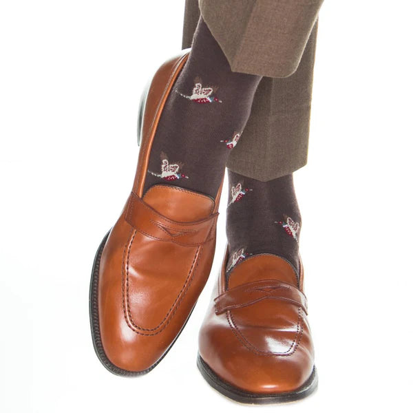 DAPPER CLASSICS COFFEE BROWN WITH TAN PHEASANT SOCK FINE MERINO WOOL LINKED TOE MID-CALF