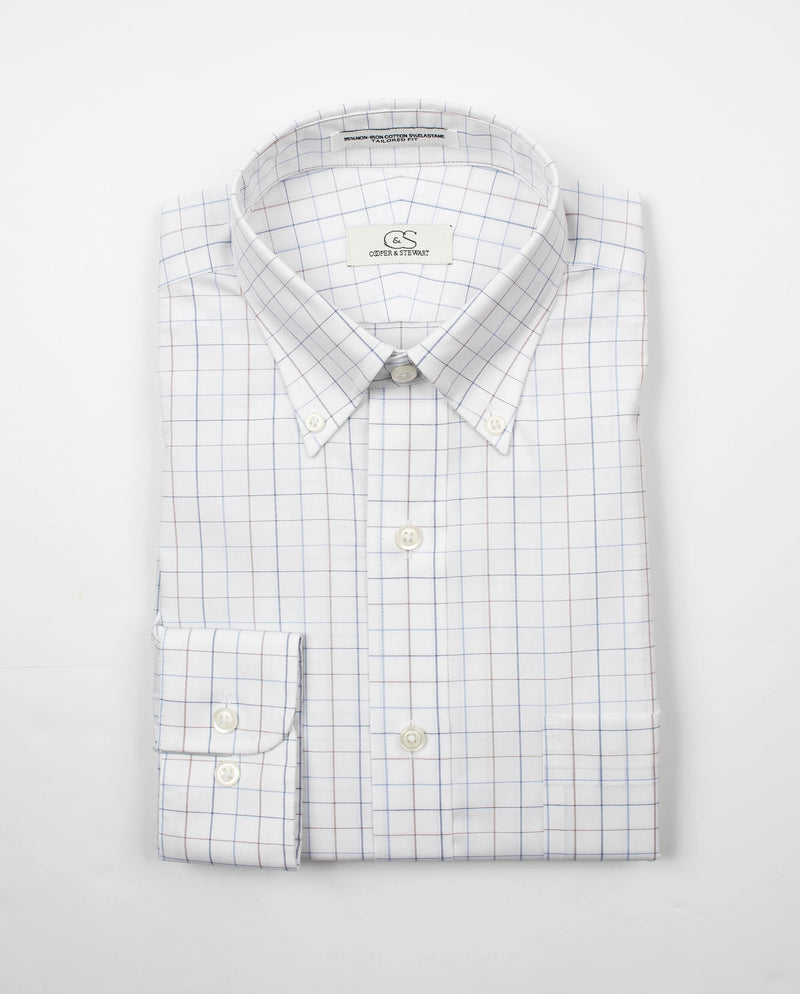 Cooper and Stewart White Ground Blue/Tan Check Button Down Collar Dress Shirt