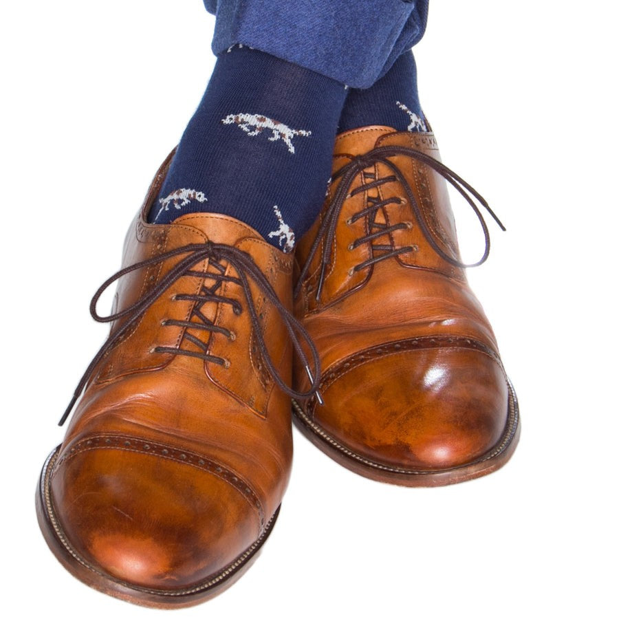 Dapper Classics Dress Navy with Cream Bird Dog and Brown Spots with Red Tipping Fine Merino Wool Sock Linked Toe Mid-Calf