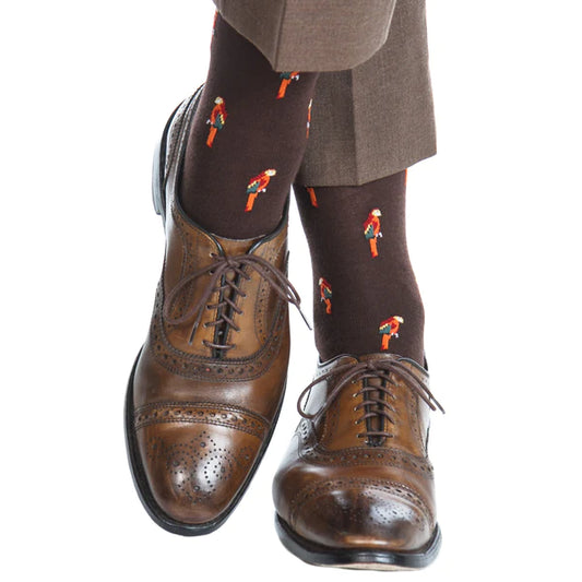 DAPPER CLASSICS COFFEE BROWN WITH ORANGE RED AND YELLOW PARROT FINE MERINO WOOL SOCK LINKED TOE MID-CALF